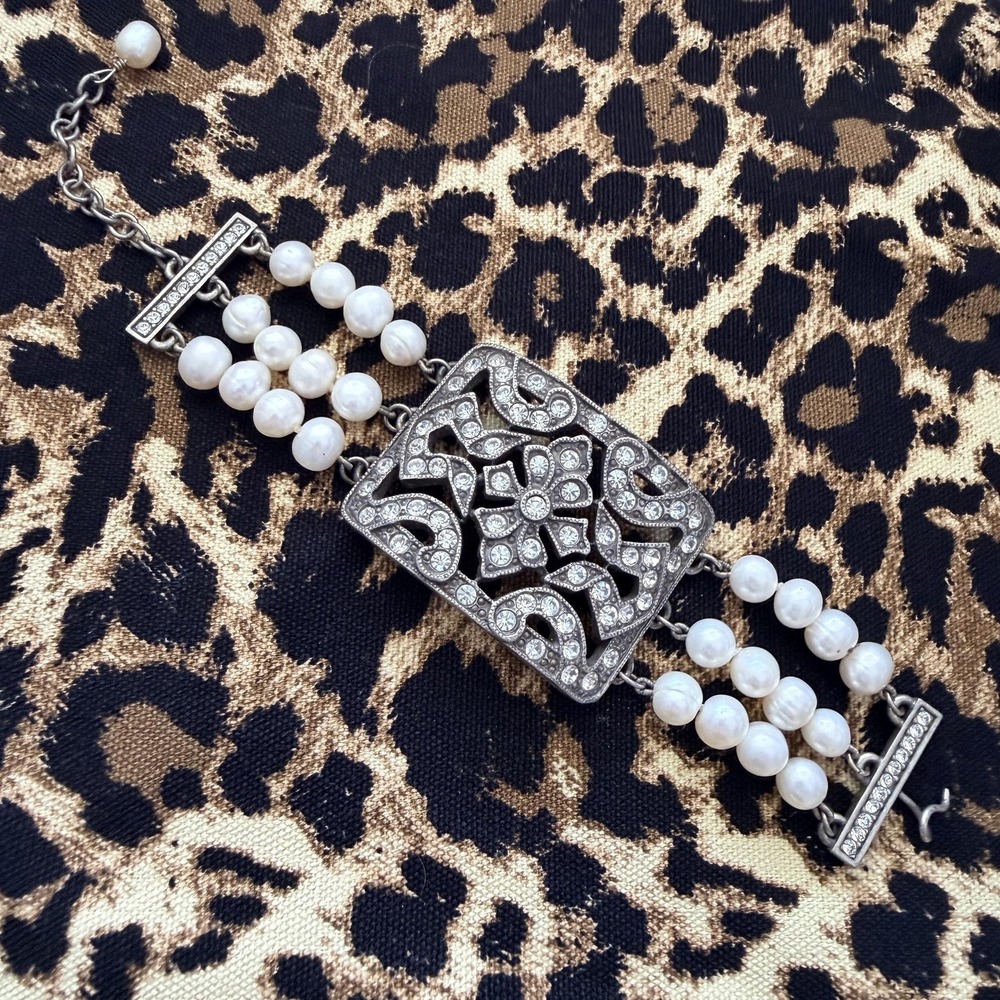 Haley Hill Silver Tone Pearl Rhinestone Floral Panel Bracelet Womens 9 Inch